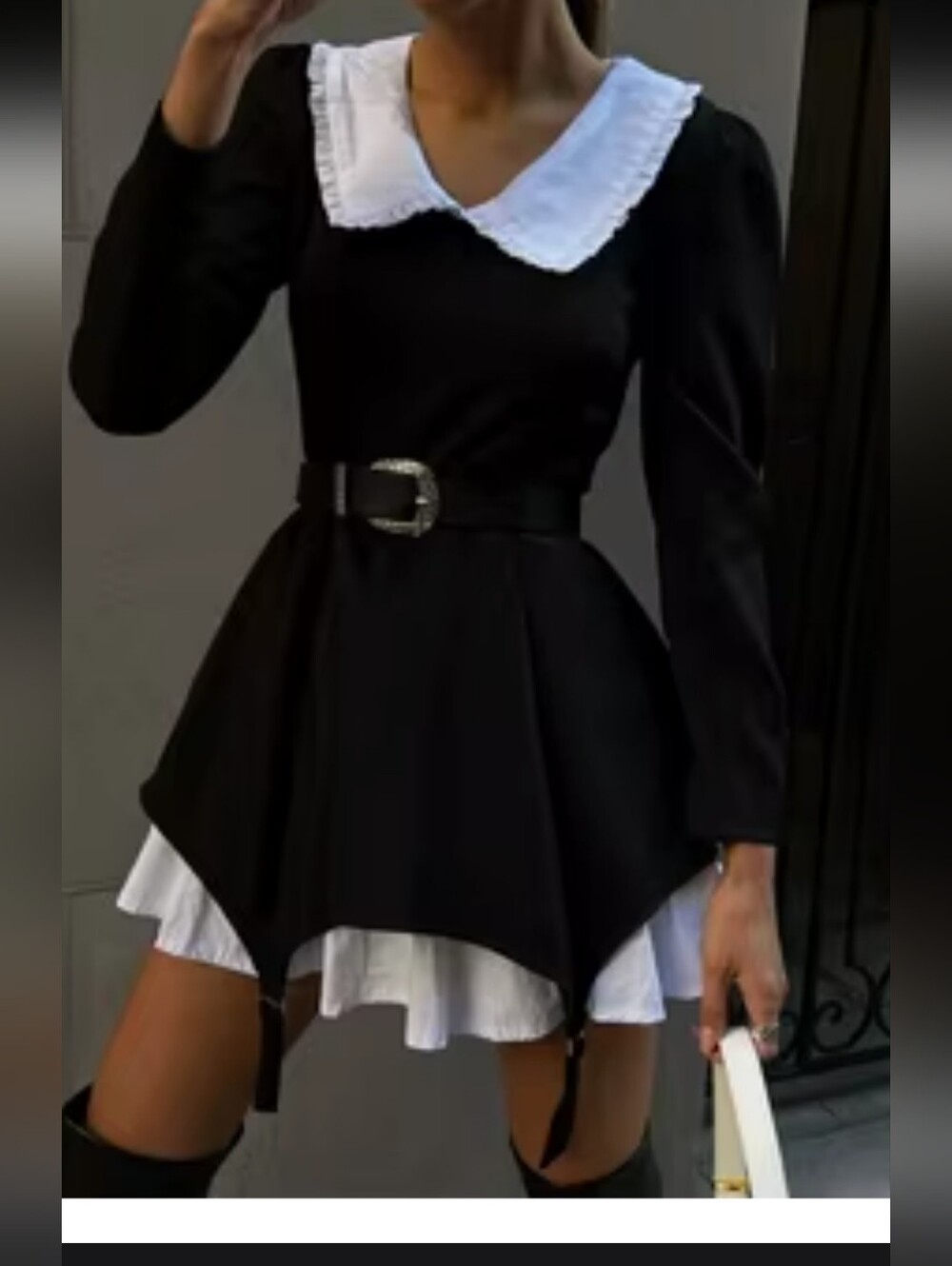 Dark Coquette Whimsigoth Black Flared Mini Dress S White Ruffle Statement Collar